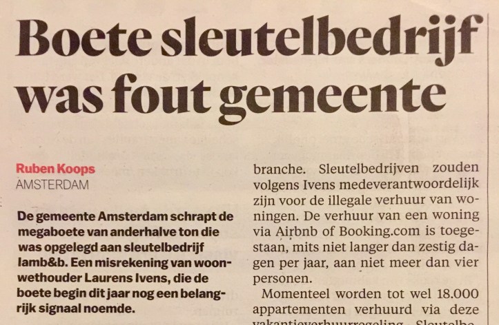 boete airbnb verhuur gemeente Amsterdam ingetrokken na bezwaar